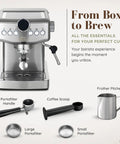 Game Changing 20 Bar Espresso Machine With Sleek Stainless Steel Build And Rapid Steam Milk Frother For Killer Lattes And Creamy Cappuccinos At Home Featuring Hassle Free Temperature Settings And Spacious Tank, showing accessories like portafilter, coffee scoop, and frother pitcher.