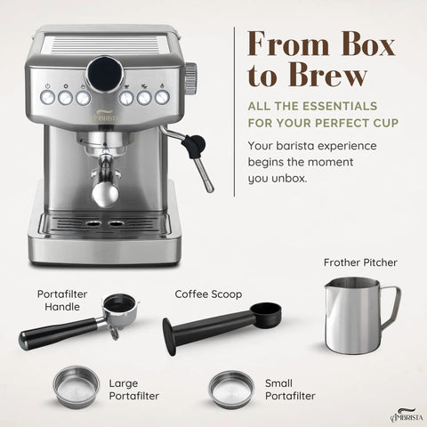 Game Changing 20 Bar Espresso Machine With Sleek Stainless Steel Build And Rapid Steam Milk Frother For Killer Lattes And Creamy Cappuccinos At Home Featuring Hassle Free Temperature Settings And Spacious Tank, showing accessories like portafilter, coffee scoop, and frother pitcher.
