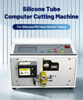 Sciolix Automatic Heat Shrink Tube Cutter Machine With Digital Length Setting And Precision Cutting Head For Stable Consistency From Zero To Nine Thousand Nine Hundred Ninety Nine Point Nine Millimeters One Hundred Ten Volt Power Supply, viewed from the front with control panel.