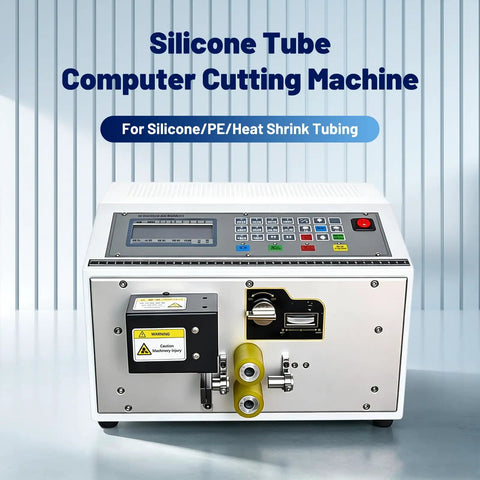 Sciolix Automatic Heat Shrink Tube Cutter Machine With Digital Length Setting And Precision Cutting Head For Stable Consistency From Zero To Nine Thousand Nine Hundred Ninety Nine Point Nine Millimeters One Hundred Ten Volt Power Supply, viewed from the front with control panel.