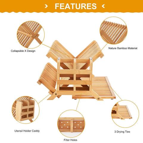 Features of Heavy Duty Bamboo Dish Drying Rack Three Tier Collapsible Wooden Drainer, showing collapsible design and utensil holder.