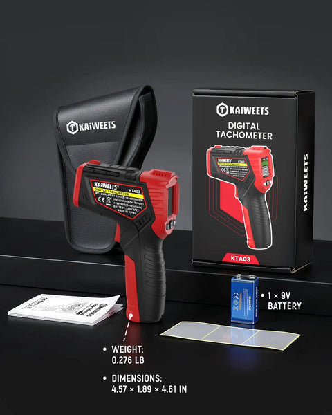 Non Contact Laser Tachometer RPM Meter For Engines And Motors, Handheld Tachometer With Large LCD Display, Measures 10 To 99,999 RPM, High Resolution, Max Min Memory, Reflective Tape Included, Great For Fans And Belts. Red and black handheld tachometer with case, battery, and reflective tape
