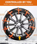 Solid Hella Grip Twelve Piece Car Snow Tire Chains with spiral anti skid traction straps installed on a wheel, featuring bright orange coating.