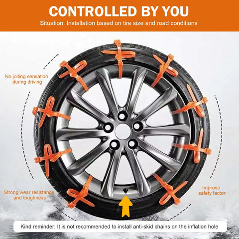 Solid Hella Grip Twelve Piece Car Snow Tire Chains with spiral anti skid traction straps installed on a wheel, featuring bright orange coating.