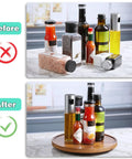 Before and after of condiment arrangement with 10 Inch Acacia Wood Lazy Susan Turntable Organizer For Cabinet Round Serving Tray.