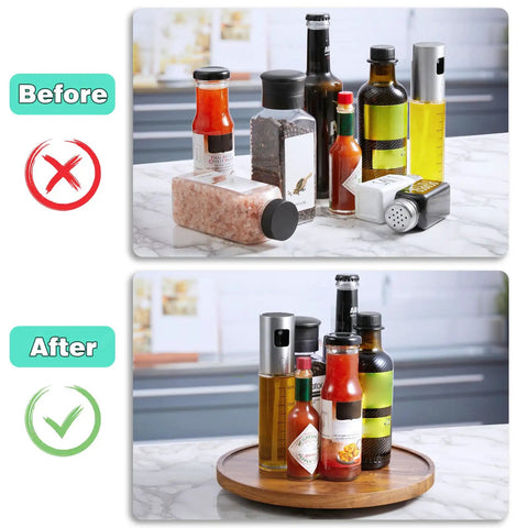 Before and after of condiment arrangement with 10 Inch Acacia Wood Lazy Susan Turntable Organizer For Cabinet Round Serving Tray.