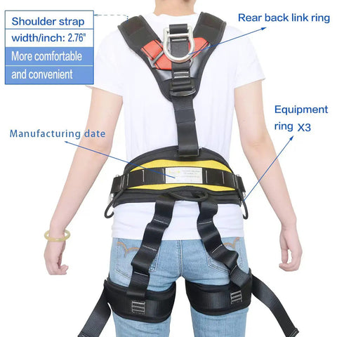 Rear view of Climbing Safety Belt For Outdoor Tree Climbing, Adjustable Quick-Dry Nylon Harness With Sturdy D-Rings, High-Tension Stitching