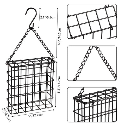 Two Pack Outdoor Suet Cage Bird Feeders For Outside Hanging With One Suet Cake Capacity, black metal cage with chain.