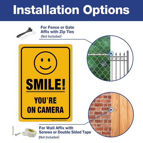 Installation options for Two Pack Smile You're On Camera Video Surveillance Sign For Home And Business 10 X 7 Inch Heavy Duty 0.040 Inch Aluminum Indoor And Outdoor UV Protected And Reflective CCTV Security Sign