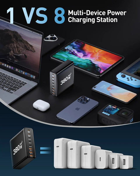 380W USB C Charging Station 8 Port Hub With Dual 100W USB C PD And 3x30W USB C, 3x30W USB A Ports, charging multiple devices