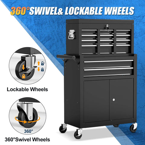 Heavy Duty 10 Drawer Rolling Tool Chest With Wheels, Lockable 2-in-1 Tool Box And Cart, Detachable Top Toolbox And Bottom Tool Cart, Cold Rolled Steel Frame For Scratch-Resistant, Real DIY Pro Storage On The Go, 360° swivel wheels