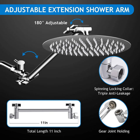 High Pressure 10 Inch Rain Shower Head With 11 Inch Adjustable Extension Arm And 5 Setting Handheld Shower Kit, brushed chrome