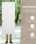 Person holding 5-Panel Bypass Sliding Closet Door With Steel Frame, White Primed Finish, showing lightweight nature for easy carry.
