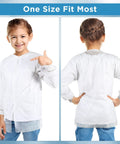 Front and back view of Ten Pack Kids Disposable Lab Coats White Science Coats With Elastic Knit Cuffs And Front Snap Fasteners
