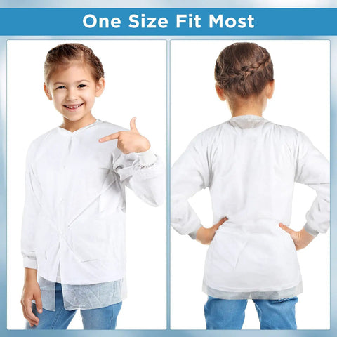 Front and back view of Ten Pack Kids Disposable Lab Coats White Science Coats With Elastic Knit Cuffs And Front Snap Fasteners