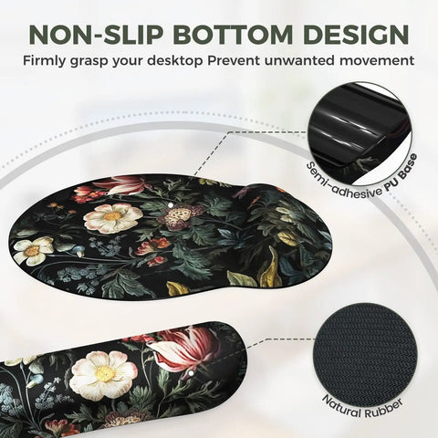 Floral 4in1 Large Desk Cover Mat With Ergonomic Wrist Rest, showing non-slip design and elegant floral pattern.