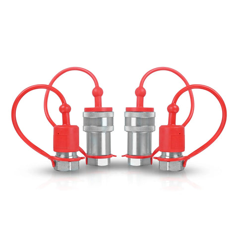 Front view: four red 1/2-in ISO 7241-A hydraulic quick-connect tractor couplers with dust caps