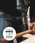 Top Shelf Self Centering Doweling Jig And Sharp Wood Drill Guide With Rugged Steel Bushings For No Sweat Setup and Killer Alignment on Any DIY Cabinetry Build, being used to drill a wooden plank.