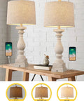 27 Inch Farmhouse Black Table Lamp Set Of Two With USB A And USB C Ports For Bedroom And Living Room, shown on wooden table
