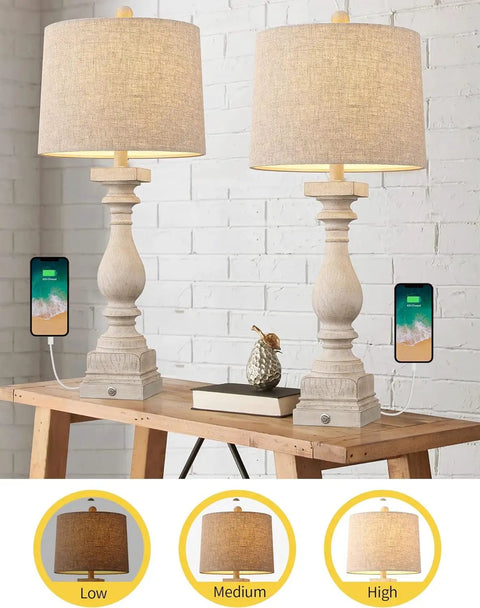27 Inch Farmhouse Black Table Lamp Set Of Two With USB A And USB C Ports For Bedroom And Living Room, shown on wooden table