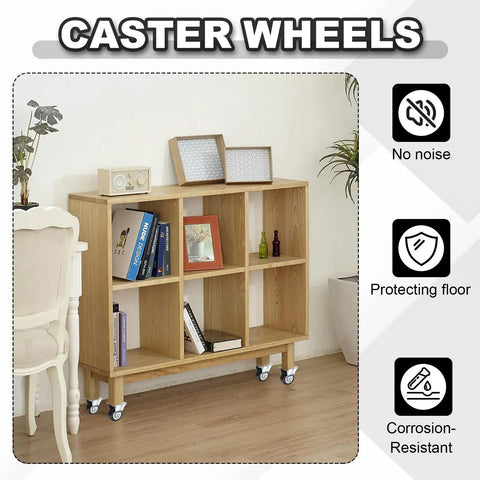 Wooden bookshelf on 1.5 Inch Red Swivel Caster Wheels Set, 8 Pack PVC Plate Casters With 66 Lb Capacity Each, ideal for floors