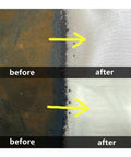 Premium Zirconia Flap Discs 40 Grit Coarse 4 Inch 3 Pack showing before and after metal surface finish improvement.
