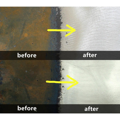 Premium Zirconia Flap Discs 40 Grit Coarse 4 Inch 3 Pack showing before and after metal surface finish improvement.