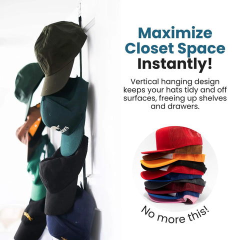 Over The Door Cap Rack Organizer 2 Pack Holds Up To 16 Hats displayed with hats on hooks, tool-free installation, space-saving design