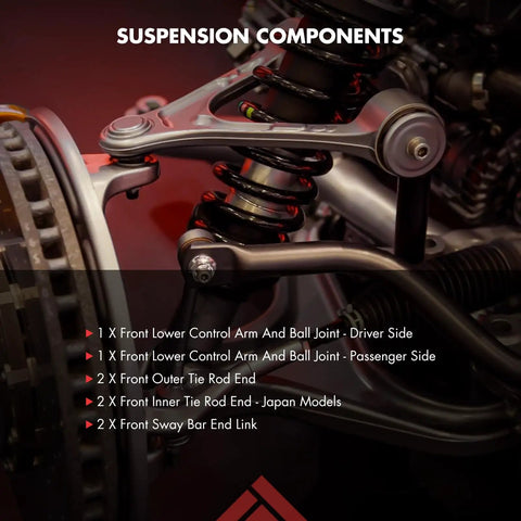 Eight Piece Front Suspension Kit For Honda CR V 2007 2008 2009 2010 2011 Comes With Front Lower Control Arm And Ball Joint Driver And Passenger Sides Outer Tie Rod Ends Inner Tie Rod Ends And Sway Bar End Links. Front suspension components with control arm and spring