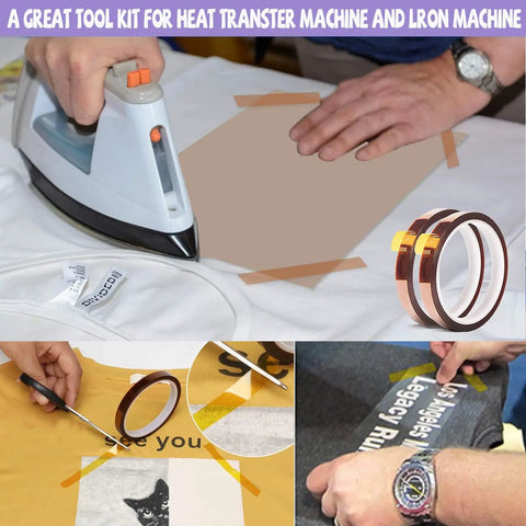 Sublimation Shirts Tool Kit with Round Neck and V Neck Ruler Set, ironing on Teflon sheet and using heat press tape.