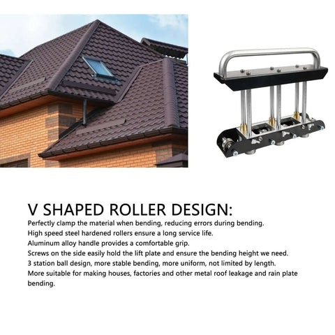 Three-Station Roller Bender for sheet metal 0.3-1.0 mm, shown with V shaped roller design and roofing application.