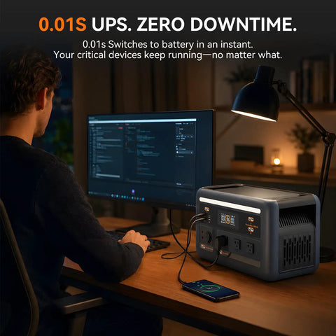 User working at desk with Beast Mode 1024Wh LiFePO4 Portable Power Station Solar Generator for device backup.