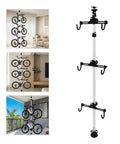 Three Bike Vertical Storage Rack, Floor To Ceiling Freestanding Hanger With 360 Degree Adjustable Hooks in various setups