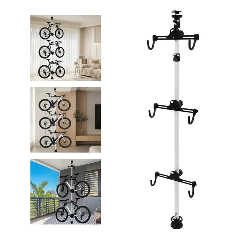 Three Bike Vertical Storage Rack, Floor To Ceiling Freestanding Hanger With 360 Degree Adjustable Hooks in various setups