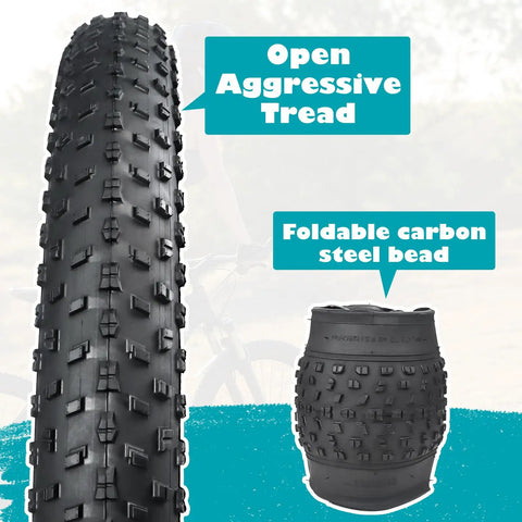 Beefy 20x3 Fat Bike Tire For E-Bikes And Mountain Snow Riding, aggressive tread, foldable carbon steel bead construction.