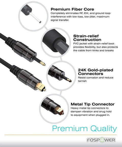 Pro Grade 24K Gold Plated Toslink To Mini Toslink Digital Audio Cable With Dead Simple Hookup For Punchy Bass And Crystal Clear Sound On Any Living Room Or Game Day Stereo Setup At Six Feet Flat connectors and fiber core construction close-up.