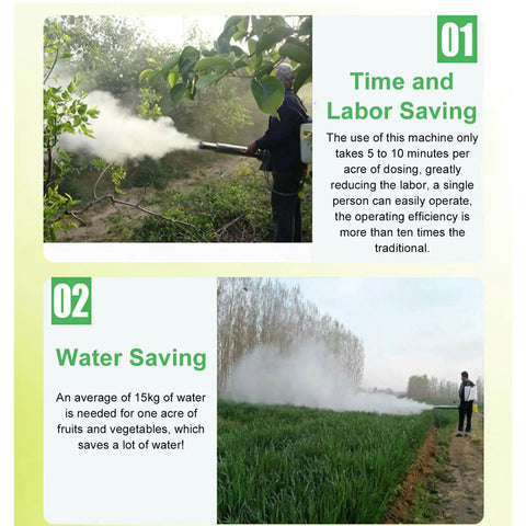 Portable Pulse Water Mist Fogger Electric Sprayer in use, emitting mist in field; 15L tank, US plug, 100-240V setup, one-person operation.