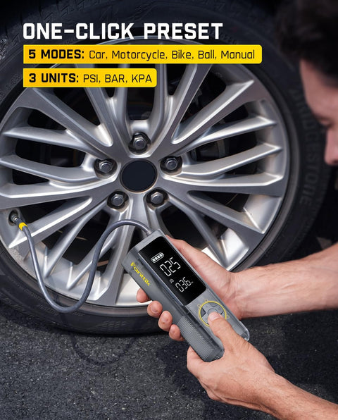 Fast Inflate Portable Tire Inflator With 150 PSI Cordless Power And LED Dual Screen inflating car tire.