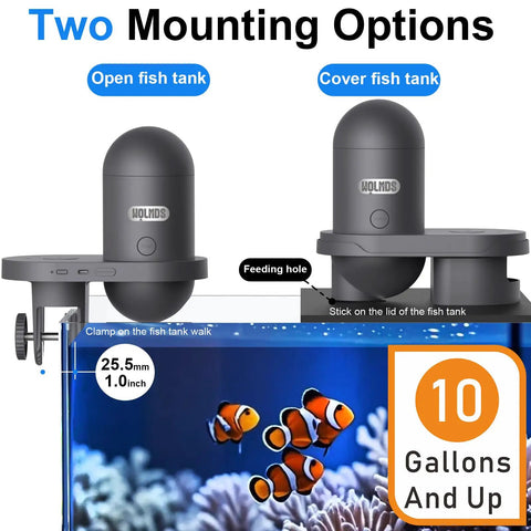 Slick WiFi Automatic Fish Feeder With 2.5K HD Camera Smart App Control And Vacation Timer Dead On Precision Aquarium Food Dispenser mounted on open and covered tanks