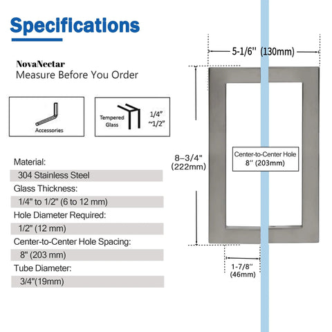 Specifications for 8 Inch Brushed Nickel Square Shower Door Handle Back To Back Replacement For Frameless Glass Doors 304 Stainless Steel