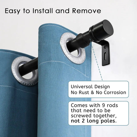 Adjustable Aluminum Curtain Rod Set With Nine Interlocking Pieces, 1 Inch Diameter, Black Finials, easy installation