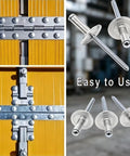 Close-up of Bulk 100 Piece Aluminum Blind Rivets Kit With Closed End Pop Rivets, installed on yellow panel, easy to use