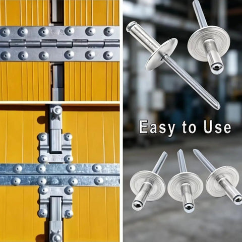 Close-up of Bulk 100 Piece Aluminum Blind Rivets Kit With Closed End Pop Rivets, installed on yellow panel, easy to use