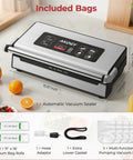 Heavy Duty Commercial Vacuum Sealer Machine With 14 Smart Sealing Modes Including Liquid Settings And Double Heat Seal on kitchen counter with included bags.