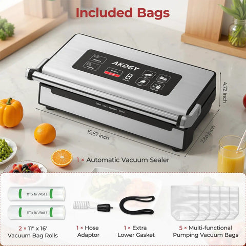 Heavy Duty Commercial Vacuum Sealer Machine With 14 Smart Sealing Modes Including Liquid Settings And Double Heat Seal on kitchen counter with included bags.