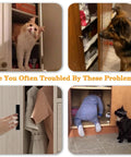 Collage of cabinets and cupboards showing pet access and child safety issues, illustrating the need for secure cabinet latches.