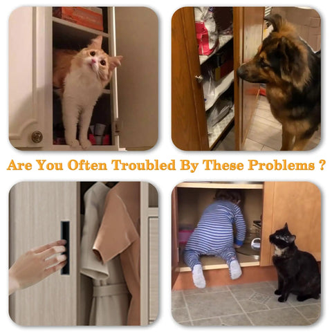 Collage of cabinets and cupboards showing pet access and child safety issues, illustrating the need for secure cabinet latches.