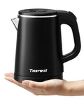 Person holding Ultra Portable 0.8L Electric Kettle With Stainless Steel Build, 800W Quick Boil, Auto Shut Off And Boil Dry Protection.