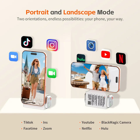 Magnetic iPhone Camera Grip With Removable Remote And Built In Keychain showing portrait and landscape modes for easy content creation.
