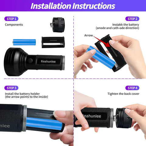 REALHUNLEE A/C UV dye leak detector kit; black handheld unit with blue dye cartridge and 68-LED UV flashlight collage